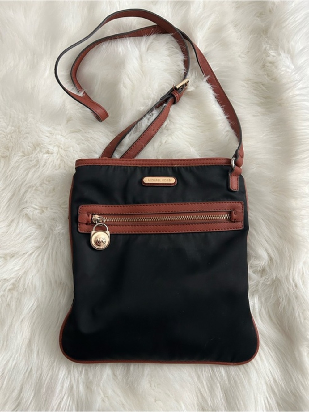 Michael Kors Black Crossbody with Brown Trim and Gold Hardware